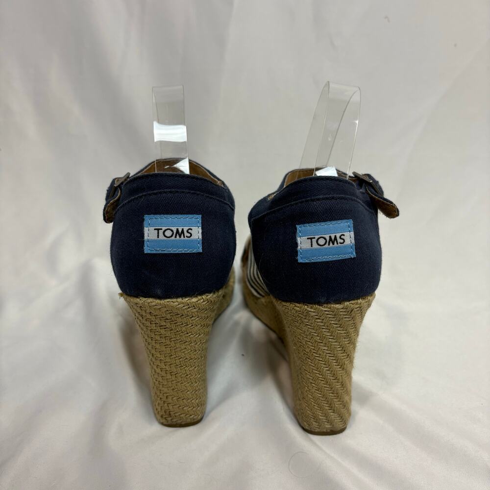 TOMS Sienna Espadrille Wedge Sandals Blue White Striped Canvas Size 11 - Picture 5 of 7